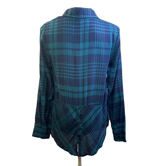 Papermoon Button Down Shirt Small Blue Green Plaid Rayon - Picture 3 of 7